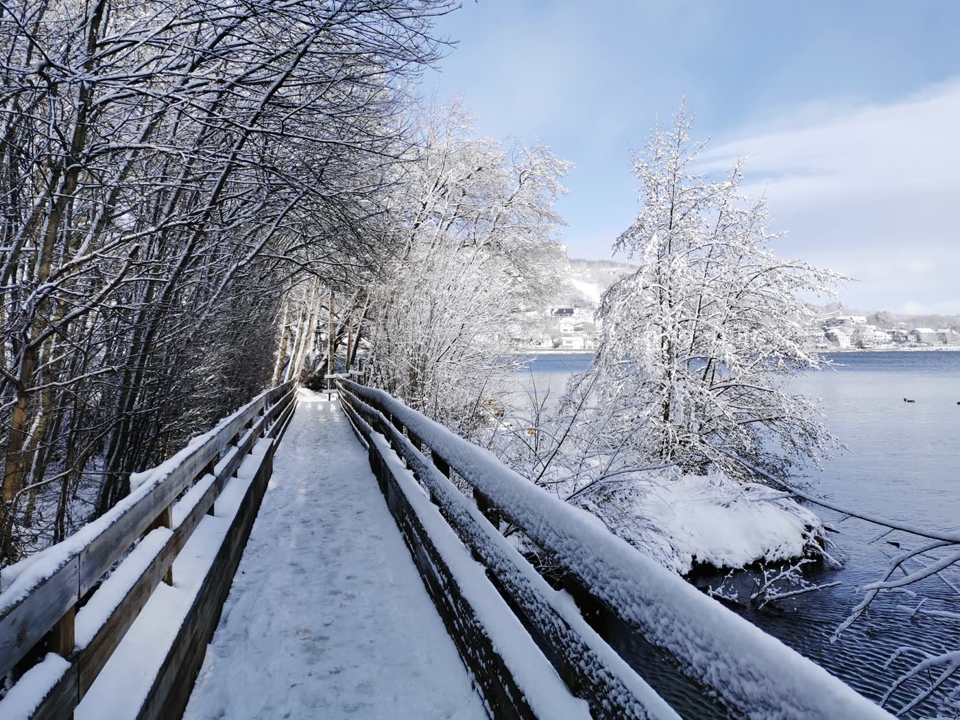 Ponton de bois enneigé au bord du lac